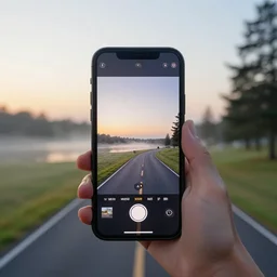 Beautiful cameraphone, soft liminal Photograph of an estate road, early morning, small flat lake in the background