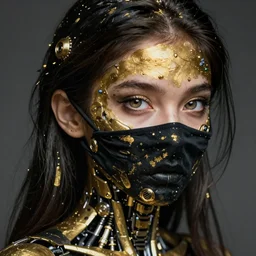 a stunning ultra detailed fantasy fine art portrait photo of a girl fully covered in black and gold paint, by tom bagshaw, artgerm and natalie shau, bandana mask, 3 5 mm lens, golden ratio composition, deep depth of field, perfect eyes and face, biomechanical robot, gold cybernetic implants, cyberpunk, soft lighting, artstation, 8 k