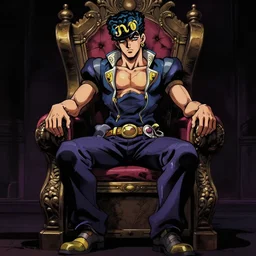 dio from jojo's bizarre adventure sitting on a throne, matte art by ross tran, dim lighting