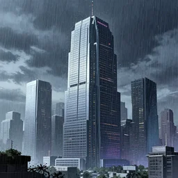 city in the style of cyberpunk, singular gigantic building focus, space sky, anime illustration, rain, rain, rain