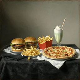 Dutch Still Life of the 1600s, old oil painting: Table with tablecloth, multiple hamburger, french fries, pizza and a milkshake