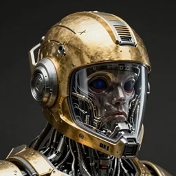 gold sci fi helmet design, robotic pieces, clear opaque mask, cables, ridley scott, neill blomkamp, weta digital, realistic ceinmatic lighting, ultra detailed, hyper realism, 8k, low angle