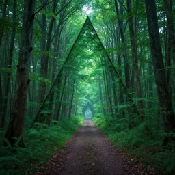 a portal in the forest in the shape of a triangle that leads to a vapor wave alternate universe, 8k, trees, path