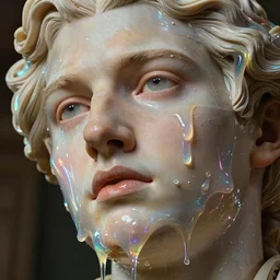 neoclassical extreme close up of gorgeous hyperrealistic male head melts like iridescent ice cream, digital art masterpiece, highly detailed neo pop surrealism, jason limon kay sage hannah yata, dramatic lighting, low angle, uhd 8 k, sharp focus