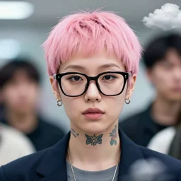 portrait of a korean lady with a pixie cut pink hair, hoyden, eocene, tattoo on neck, thick glasses. kpop. len blur background bokeh. art by ismail inceoglu and filip hodas. clouds by rhads.