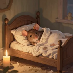 A fuzzy little mouse sleeping in a small bed, covered with blanket, cozy, candle light, extra detailed, digital illustration, in the style of Winnie the Pooh