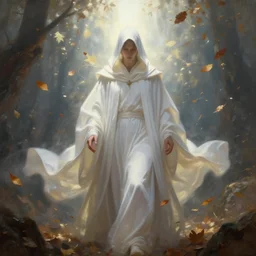 ''cinematic shot'' white hooded mage ( spectre ) with leaves falling simetrical 8 k atmosferic realistic, radiant light, made by ivan aivazovsky, peter mohrbacher, greg rutkowski volumetric light effect broad light oil painting painting fantasy art style sci - fi art style realism premium prints available artwork unreal engine
