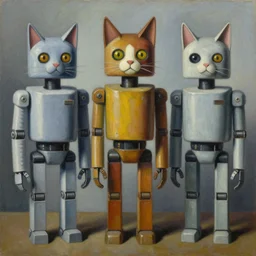 three brutalist feline robots portrait, grant wood, pj crook, edward hopper, syd mead, oil on canvas