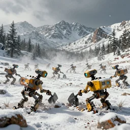 a lot of snow realistic macro photograph of dystopian climate field robots working in Colorado mountains as the earth decays behind them, 8k, unreal 5 engine render, misty, dark, dry, Orwellian, vibrant colors, 25mm film grain Artwork by Simon Stålenhag
