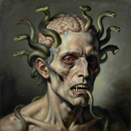 a painting of a decapitated aged man's withered face with biting serpents swarming out of his brain, a surrealist painting, polycount, surrealism, surrealist, lovecraftian, cosmic horror