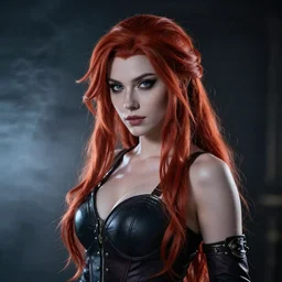 Triss Merigold cosplay by Dominique Mcelligott, seductive gaze, 8k, professional photography, cinematic studio shot, dark, smoke