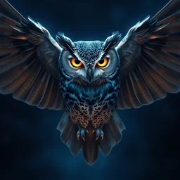 portrait of an owl with bright golden eyes in the night spread wings, flying toward us, blue night lighting, symmetrical, album cover art, highly detailed, digital painting, artstation, concept art, soft focus, cinematic lighting, illustration, art by artgerm and greg rutkowski, alphonse mucha, cgsociety