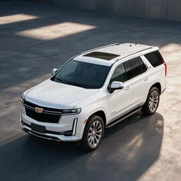 A high angle shot, car photography, white SUV inspired by Cadillac Escalade and Chevrolet Tahoe