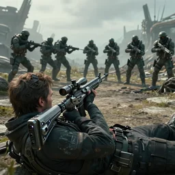over the shoulder cinematic view of a new deadspace character laying down aiming a futuristic sniper rifle towards a squad of opposing forces. hyper realistic, canon 1 d full frame shot. movie still. alien structure in the far distance