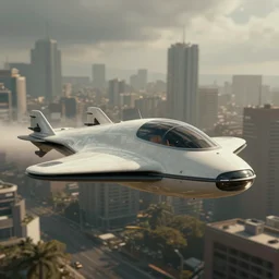 immaculate wide shot ambient occlusion of a retrofuturistic concept hovercraft vehicle, muted cityscape backdrop, cycles render, turbosquid, wide, metropolis filmic