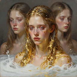3 d, close - up, boiling liquid gold and white water, sad fashion model, poster art, high detail, intricate oil painting, multiple exposure, hell mood, hyperrealism, 3 d, by tooth wu and wlop and beeple and greg rutkowski