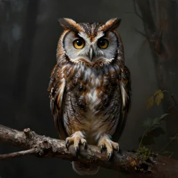 an extremely detailed masterpiece painting of a northern saw - whet owl on a limb, in the style of brian froud, brian despain, brian bolland, digital art, unreal engine, volumetric lighting, dark moody lighting, trending on artstation, photorealistic, epic scene
