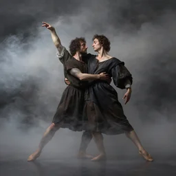 surrealist classic dance duet, caravaggio, mist, clouds