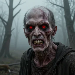A realistic detailed photo of a creepy man, red eyes, dead trees, detailed body, teeth filled with cavities, foggy landscape, creepy, light particles, detailed light, realistic shaders, trending on artisation, detailed textures, detailed, realistic.