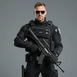 Saul Goodman wearing heavy modern military gear and holding a machine gun, highly detailed, 4k