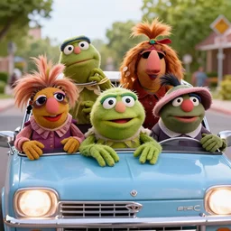 A car full of Muppets doing a drive-by. Hyperrealist, surrealistic