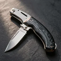 carved blackwood pocket knife with a bowie inspired blade, high detail rendered in the style of kyle foyer