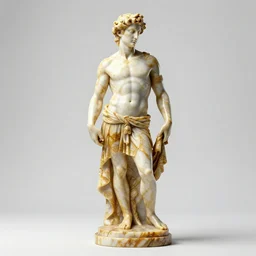 stylized gold onyx ornate statue full body made of marble of judas, perfect symmetrical body, perfect symmetrical face, hyper realistic, hyper detailed, by johannen voss, by michelangelo, octane render, blender, 8 k, displayed in pure white studio room