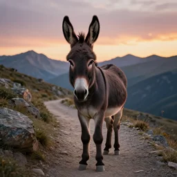 an amazing portrait of a donkey on a slim rocky path, rocky mountains in the background, sunset sky photography, award winning cinematic lighting, highly detailed