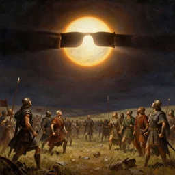a total solar eclipse fills the sky, warriors on an ancient battlefield stop and look up as the sky goes dark. 5 0 0 bc. beautiful painting by michael whelan and artgerm, dramatic lighting, rich colors.