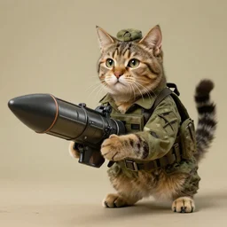 military cat with rocket launcher, hyper realistic, retro