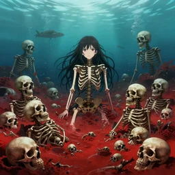 surreal red sea filled with skeletons and skulls by Greg Rutkowski, digital art. surreal. trending on art station. anime arts. featured on Pixiv, HD, 8K, highly detailed, good lighting. beautiful. epic.