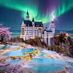 neuschwanstein castle on pamukkale thermal waters flowing down gold travertine terraces in royal blue antelope canyon during sakura season on an interstellar aurora borealis with heavy thunder and lightning, pink waterfalls, by peter mohrbacher, james jean, james gilleard, greg rutkowski, vincent di fate, rule of thirds, octane render, beautiful landscape