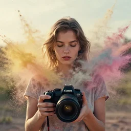 portrait photography of a beautiful woman surrounded by colored powder explosions by maxim nikolaev and irving penn. vogue. kodak portra. ( depth of field ). golden hour. detailed. hq. realistic. muted colors. filmic. lens flare. canon eos r 3, f / 1. 2, iso 2 0 0, 1 / 1 6 0 s, 8 k, raw, symmetrical balance, in - frame
