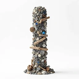 a column of river pebbles, plastic objects and driftwood forming a rugged column by zaha hadid, escher, parametric design, white background, concept art