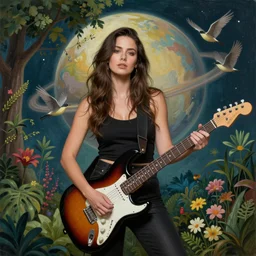 portrait beautiful woman with his stratocaster, aline planet background ambientation, lot of vegetation, trees, plants, flowers, flying animals, painting, concept art, andreas rocha