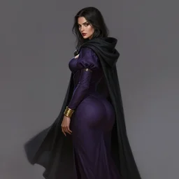 Fantasy portrait, Necromancer, female, gorgeous, beautiful face, dark garments, dark pruple robes, gold bracelet, Black cloak from neck to ankles, pin-up, shapely toned derriere, matte painting, by WLOP, artstation