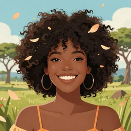 portrait of a smiling beautiful black woman who looks like nia long with big curly afro surrounded by falling flower petals with lush savannah in the background by argerm, face by wlop, full color digital illustration trending on artstation, octane render