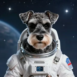 centered detailed portrait of a majestic heroic schnauzer, dressed in a spacesuit, sci - fi, futuristic, details, intricate, octane render, redshift, smooth, illustration, fairy lighting, stars and planets in the background, hyperrealistic, by dmitry prozorov, loish, and wlop, trending on artstation, hyperdetailed, hyperrealism