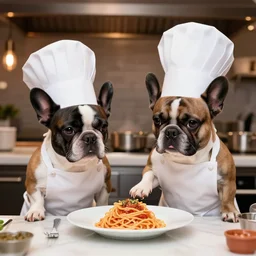 a 8k highly detailed still photo by David Bailey of Two multi-colored French Bulldogs in chef hats and aprons starring on a cooking show, a plate of spaghetti is prepared, a high end restaurant kitchen in the background, bokeh