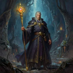 A powerful elven wizard protagonist with an enchanted staff is exploring the grimdarkest dungeon depths. trending on Pixiv. trending on ArtStation. A vibrant digital oil painting. A highly detailed fantasy character illustration by Wayne Reynolds and Charles Monet and Gustave Dore and Carl Critchlow and Bram Sels