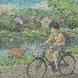 A teenager riding a bicycle in a town by a river with capybaras passing by , Dice Tsutsumi, Makoto Shinkai, Studio Ghibli