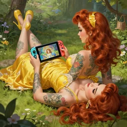 yellow jacket tattooed pinup lies at the garden playing with the nintendo switch, deep focus, turnaround, fantasy, intricate, elegant, highly detailed, digital painting, artstation, concept art, matte, sharp focus, illustration, hearthstone, art by artgerm and greg rutkowski and alphonse mucha.
