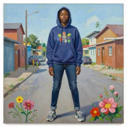 painting by jenny saville of yolandi visser wearing a hoodie standing in a township street in the style of jenny saville, street clothing, haute couture fashion, full figure painting by jenny saville, roger ballen, decorative flowers, 2 4 mm, die antwoord