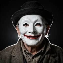 high contrast studio close - up portrait of a wrinkled old man wearing a pulcinella mask, clear eyes looking into camera, baggy clothing and hat, backlit, dark mood, nikon, photo by unknown, masterpiece