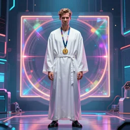 [ full - body portrait of a man ]! with a disdain, exacerbated facial expression, wearing a [ white robe ]!, trending on [ artstation ]!, digital art, cgsociety contest winner, [ symmetrical ]!, golden ratio!, award winning, bioluminescent colors, volumetric lighting, futurism!, cyberpunk atmosphere
