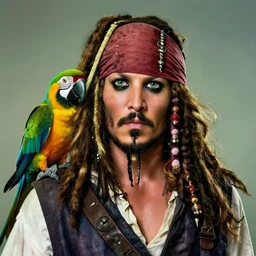 jack sparrow with a parrot on the shoulder, portrait, 8k resolution, hyper detailed, realistic eyes, studio lighting, cinematic