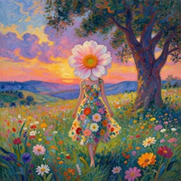 girl with giant flower for a face, surreal photography, dream, dress made from the flower field she walks through, hills, big trees, sunrise dramatic light, impressionist painting, colorful clouds, digital painting, pointillism, artstation, simon stalenhag