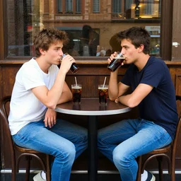 2 young guys wearing blue jeans and t - shirts sitting around a round table in a bar drinking coke, by toulouse lautrec