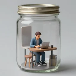 a tiny realistic proportioned man sitting down working from home, remote work, inside a jar. octane, hyper detailed, trending on deviantart, sharp focus, photography, trending on artstation, photorealistic, unreal engine