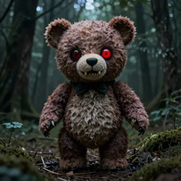 teddy bear killer monster with vampire teeth and red terminator eyes staying in the woods blair witch project